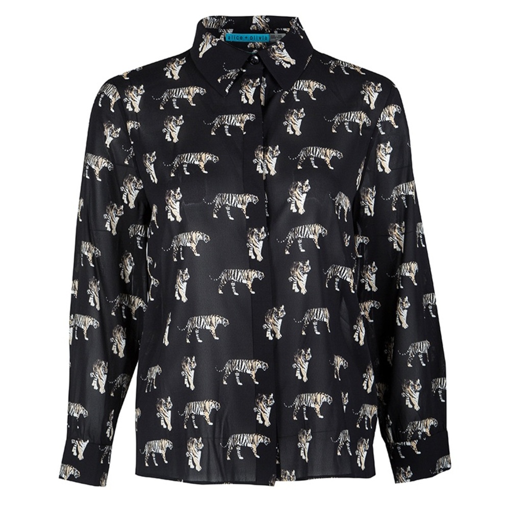 Alice + Olivia 96% Silk Black Tiger Print Blouse